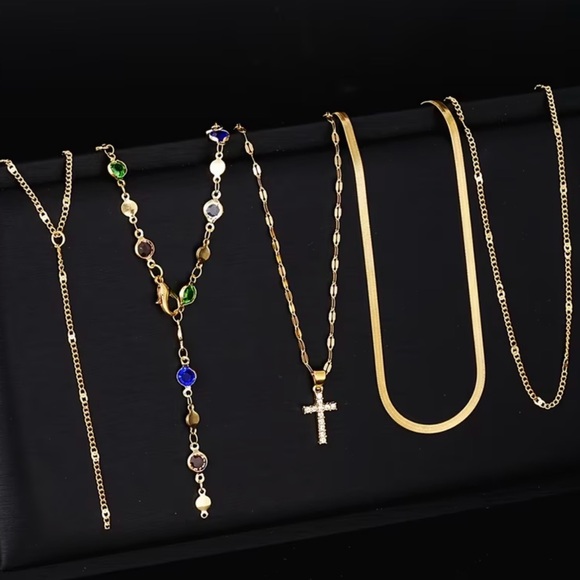 5 pc Set Gold Multi-Color Gem Layered Necklace - Picture 2 of 5